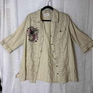 Claire France embroidered boho western shirt ,2X, cuff,multi print,seersucker EC
